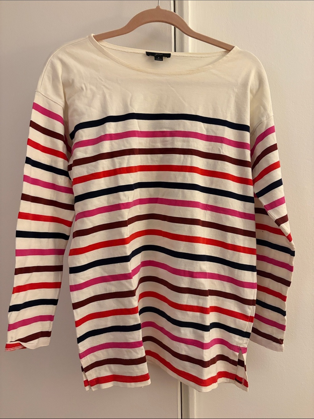 J. Crew Cream Long-Sleeve Tee with Pink, Red, Navy & Maroon Stripes